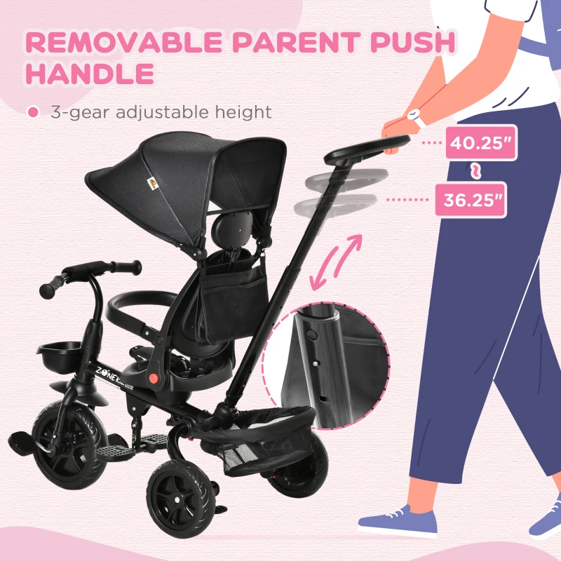 Qaba Kids Tricycle, 4 in 1 Foldable Trike with Reversible Seat, Adjustable Parent Handle, Safety Harness, Wheel Brakes, Removable Canopy, Storage, Tricycle for Toddlers 1-5 Years, Black