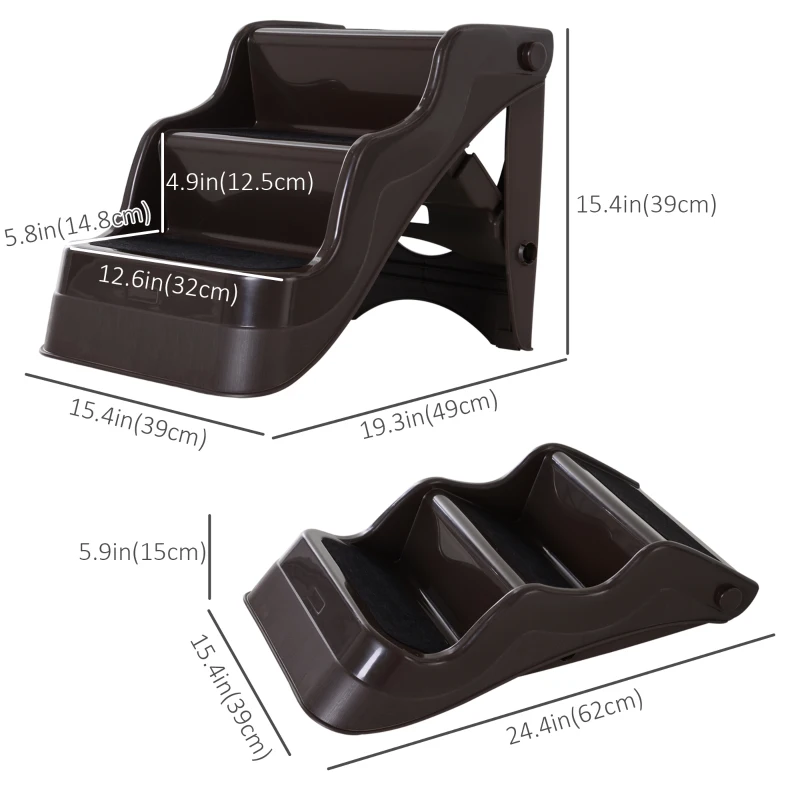 PawHut Pet Stairs Dogs and Cats Folding Ladder Puppy Portable 3 Steps Home Travel Using Brown