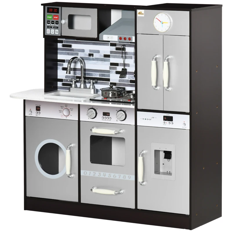 Qaba Wooden Play Kitchen with Lights Sounds, Kids Kitchen Playset with Washing Machine, Water Dispenser, Microwave, Range Hood, Refrigerator, Utensils, Gift for 3-6 Years Old