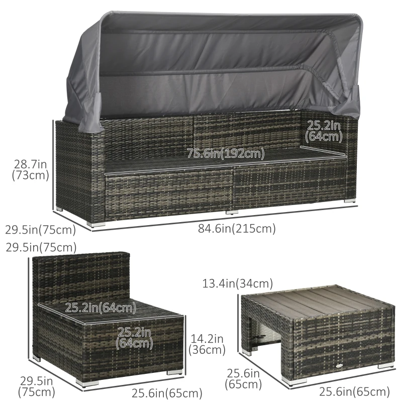 Outsunny 4 Pieces Patio Furniture Set, Rattan Wicker Outdoor Sectional Sofa with Retractable Canopy, Cushions, 3-Seater Sofa for Backyard, Garden, Gray