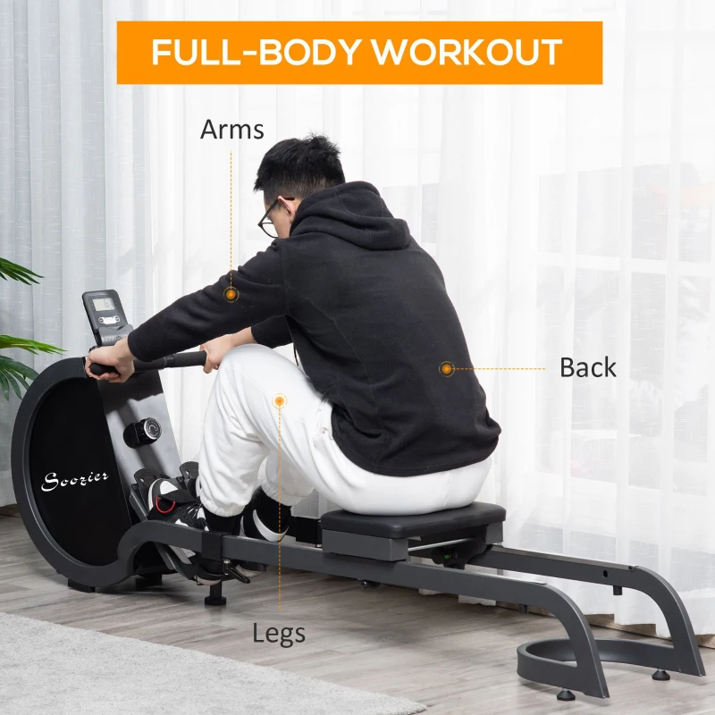 Soozier Rowing Machine with 16 Adjustable Resistance Levels Magnetic Foldable Rower with 2 Aluminum Slide Rails, Digital Monitor, for Home Use, Gym, Office
