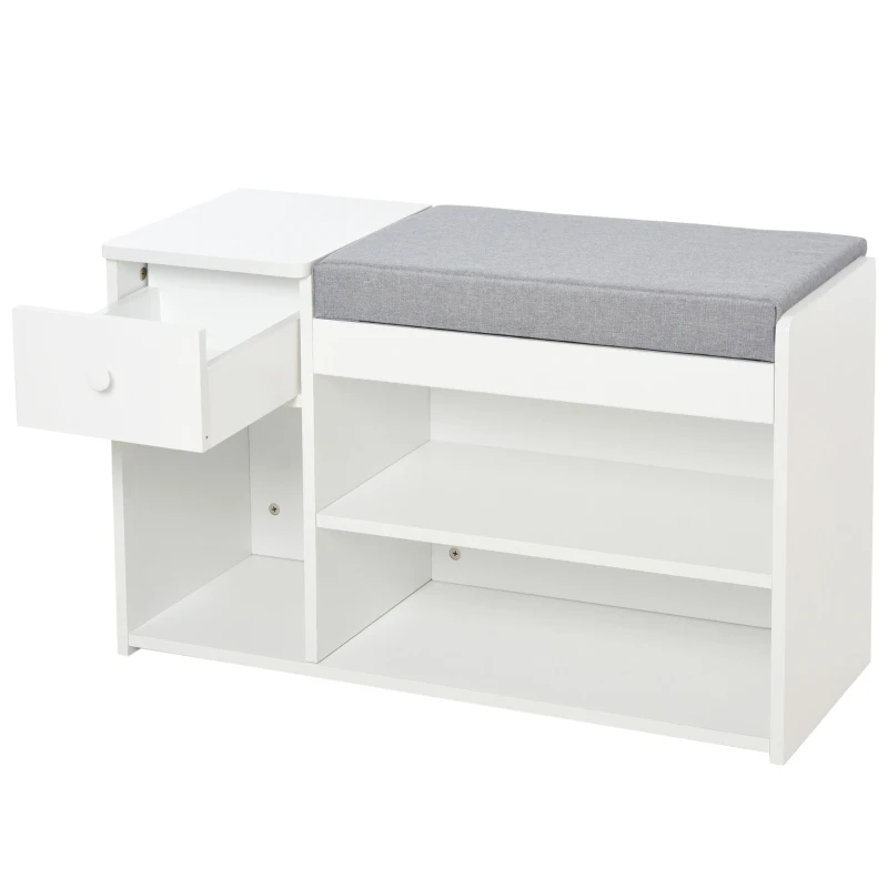 HOMCOM Shoe Bench with Storage, Modern Upholstered Entryway Bench with Shelves, Drawers and Table Top for Living Room, Hallway, White