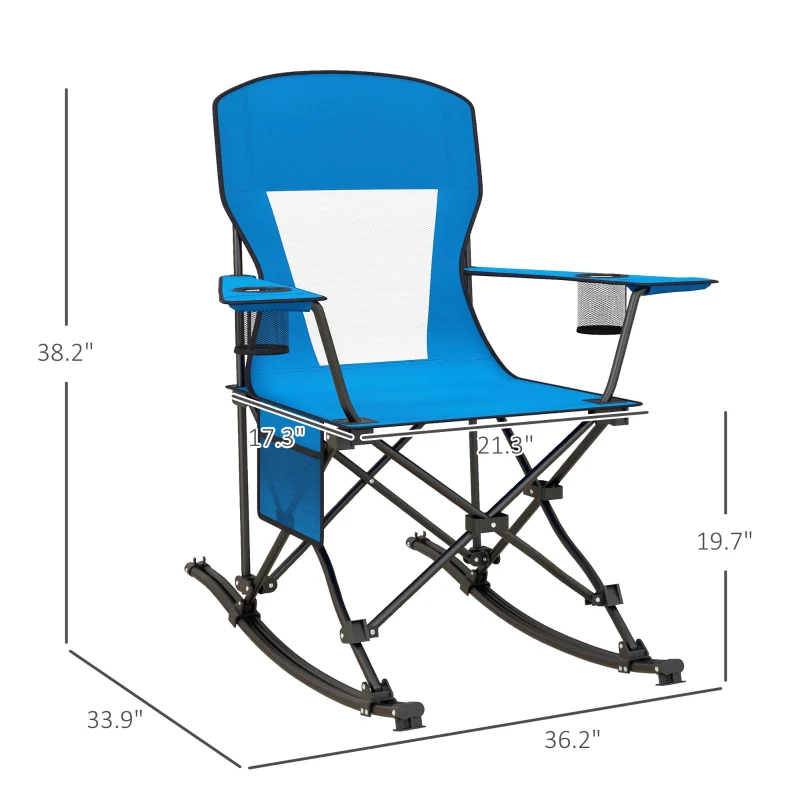 Outsunny Outdoor Rocking Chair Folding Camping Chair Portable Rocker with Armrests, Side Cup Holders, & Carry Bag, Blue