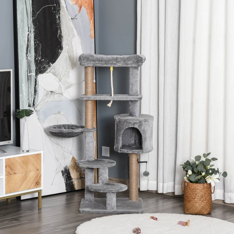 PawHut Cat Tree, 47 Inches Multi-Level Cat Tower with Scratching Post, Hammock, Cat Condo, Perch, Toy Ball, Tall Cat Tree for Indoor Cat, Grey