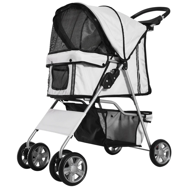 PawHut 4 Wheel Pet Stroller for Small Dogs Cats, Dog Stroller with Folding Sunshade Canopy, Pet Carrier Folding Sunshade Canopy with Brake, Safety Leash, Cup Holder, Grey
