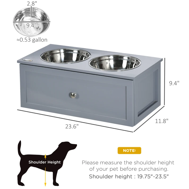 PawHut Elevated Dog Bowls with Storage, 2 Stainless Steel Bowls for Medium Dogs, Gray