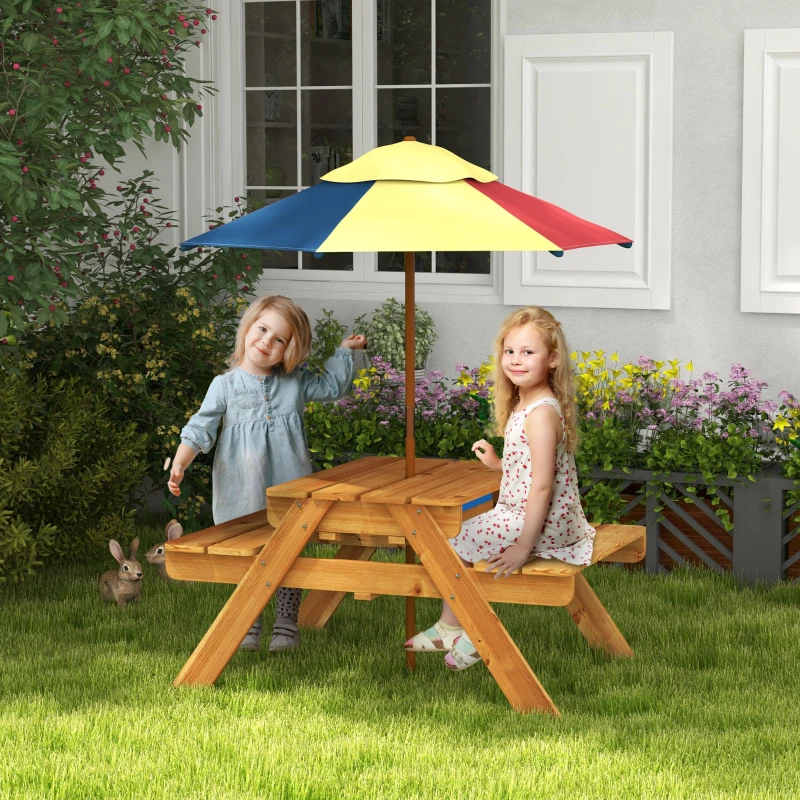 Outsunny Toddler Water Table Kids Sand & Water Table with Removable Foldable Umbrella for Patio Lawn Garden, Aged 3-6 Years Old