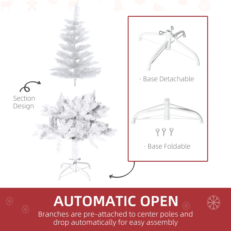 HOMCOM 4ft Artificial Christmas Tree with Pine Realistic Branches, Auto Open, for Indoor Decoration, White