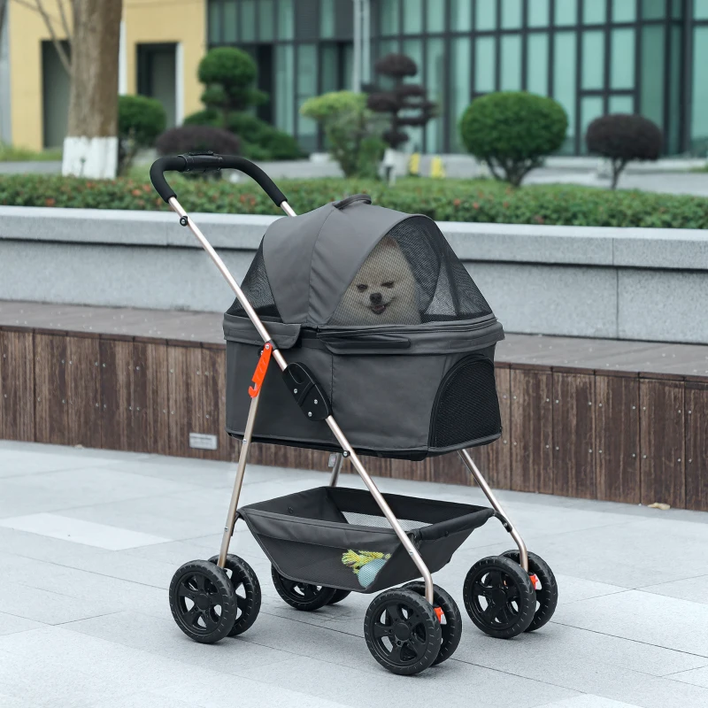 PawHut 3 in 1 Pet Stroller with Detachable Carrier, Foldable Dog Stroller with Storage Basket, Cupholder, for Mini Dogs, Gray