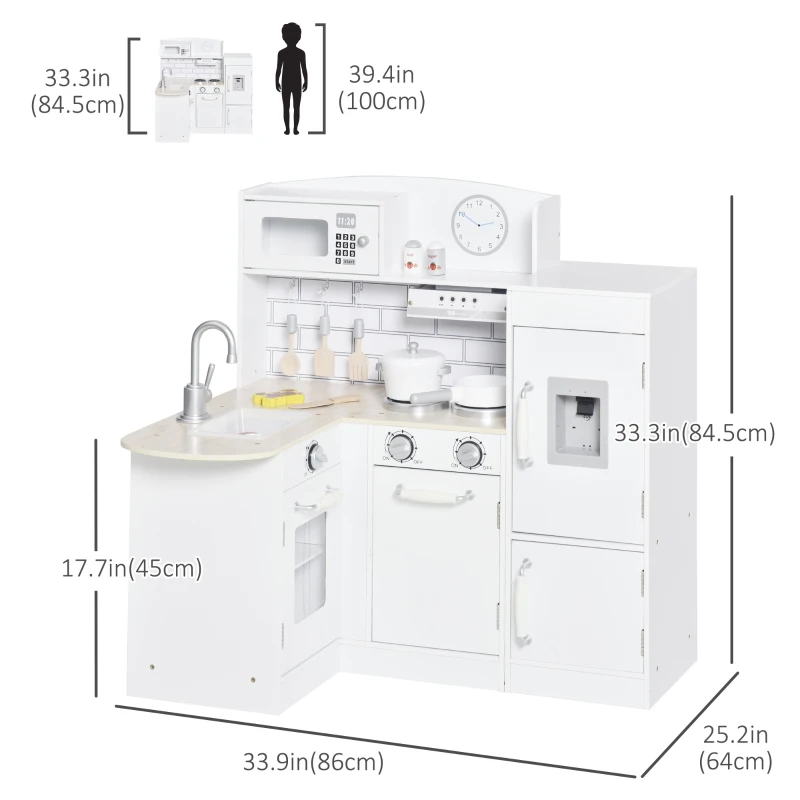 Qaba Kids Kitchen Play Cooking Toy Set for Children with Drinking Fountain, Microwave, Accessories, White