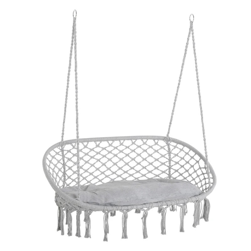 Outsunny 2-Person Hammock Chair Macrame Swing with Soft Cushion, Hanging Cotton Rope Chair for Indoor Outdoor Home Patio Backyard, Light Gray