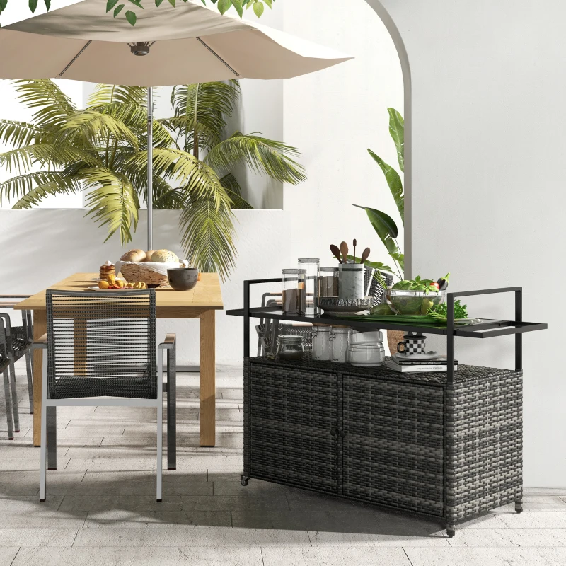 Outsunny 2-Tier Shelf PE Rattan Outdoor Bar Table, Glass Top Patio Serving Cart with Cabinet, Mixed Gray
