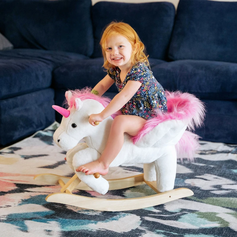 Qaba Baby Rocking Horse, Plush Animal Rocker for Toddlers Aged 18-36 Months, Stuffed Ride Toy with Sounds, Seat Belt, White and Pink