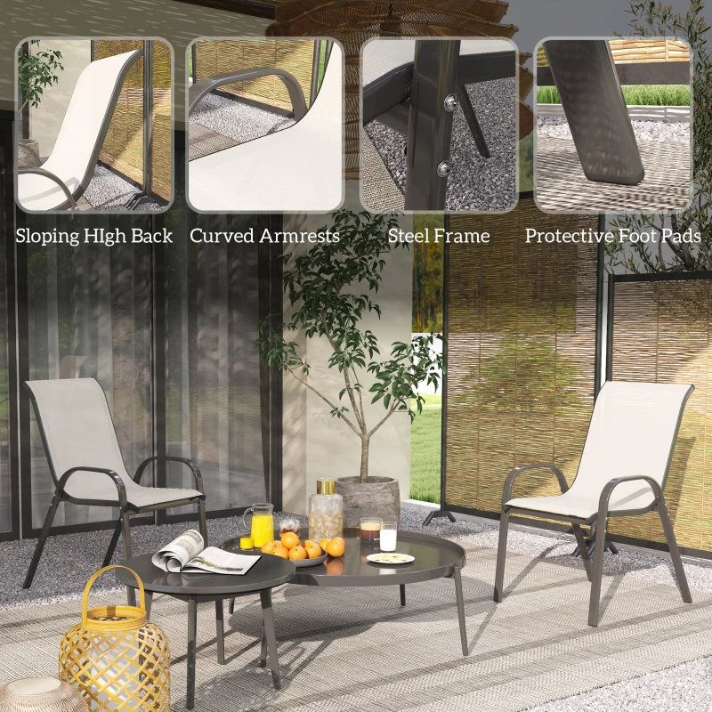 Outsunny Set of 2 Outdoor Dining Chairs, Stackable Lawn Chairs with High Back, Breathable Mesh Seat for Garden Porch, Light Grey