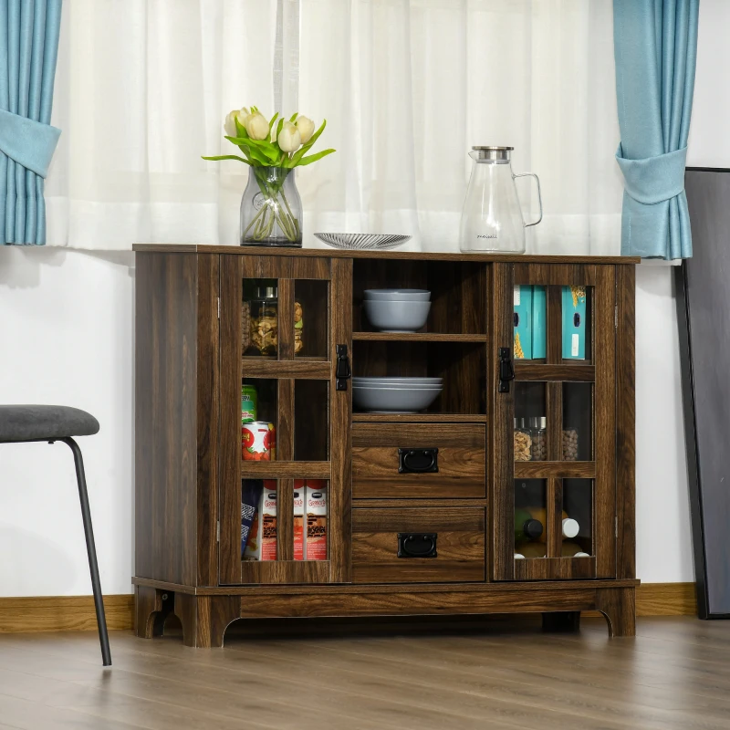 HOMCOM Sideboard Buffet Cabinet with Glass Door, Coffee Bar Cabinet with Storage Drawers & Adjustable Shelves for Kitchen, Living Room, Dark Walnut