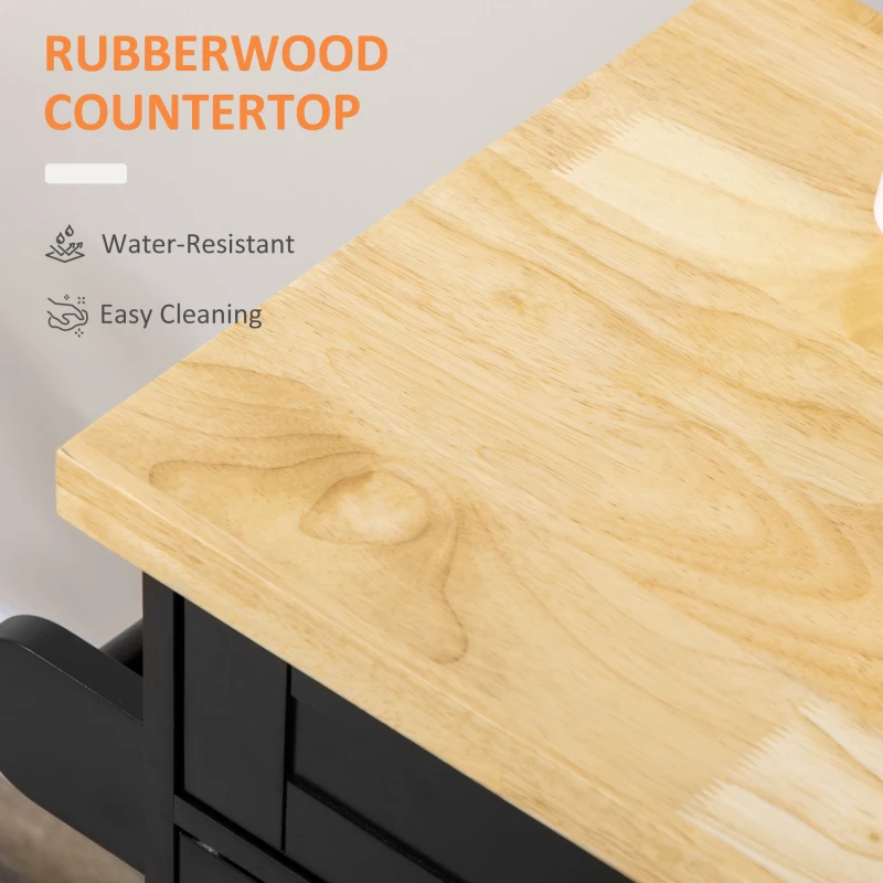 HOMCOM Kitchen Island with Storage, Rolling Cart Trolley with Rubberwood Top, Adjustable Shelf, Drawer, Spice Rack, Black