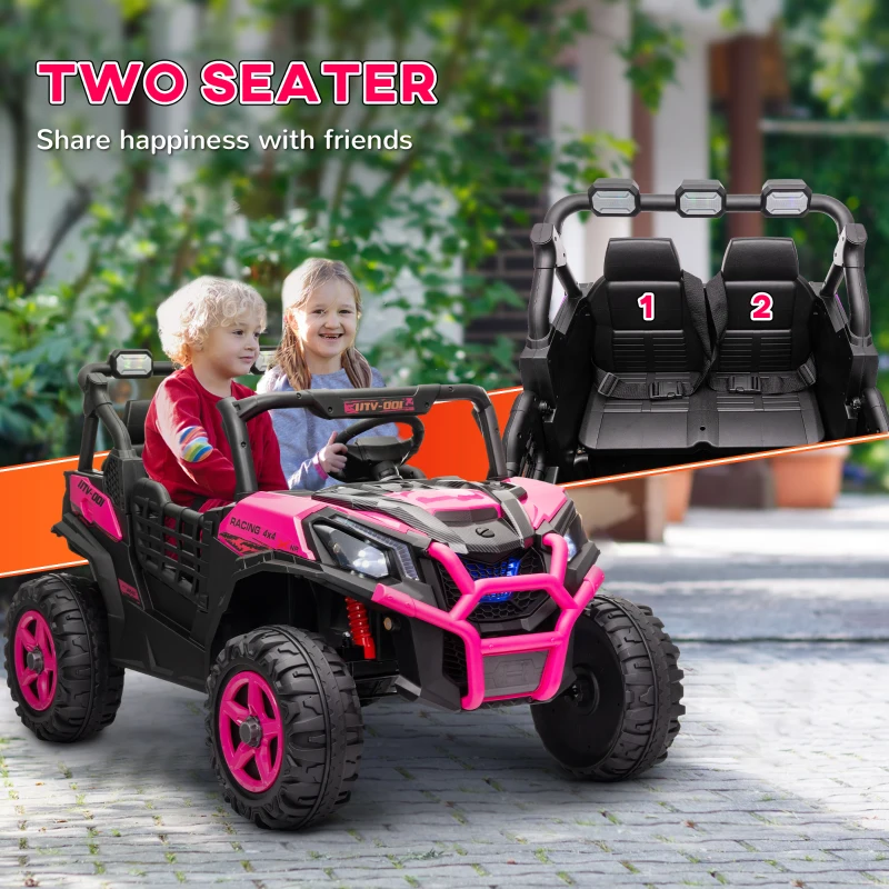 Qaba 2 Seater 24V Electric Car for Kids w/ Remote Control, 3 Speed, LED Lights, Music, Horn, Spring Suspension, Pink