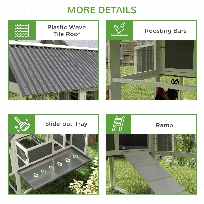 PawHut Wooden Chicken Coop with Run, 2 Nesting Boxes, 2 Roosting Bars, Ramp & Tray, Poultry Cage for 6-8 Chickens, Gray