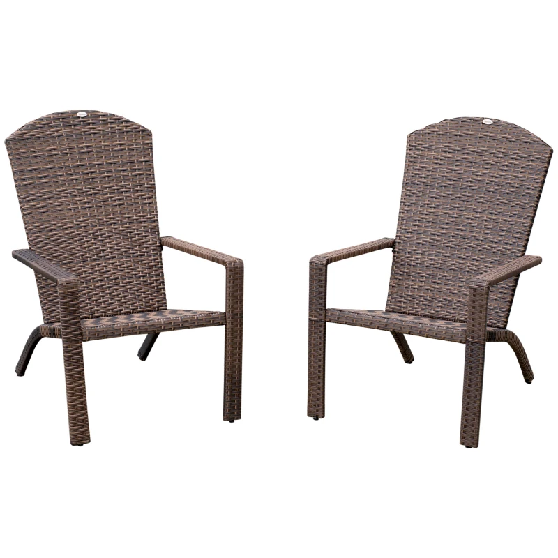 Outsunny 2 Pieces Adirondack Chair Patio Wicker Muskoka Chair, Outdoor PE Rattan Fire Pit Chair for Poolside, Balcony, Deck, Garden, Backyard, Dark Brown