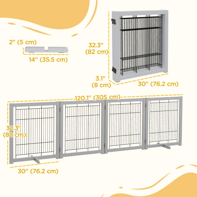 PawHut Wooden Dog Gate for Small & Medium Dogs 4 Panel w/ Support Feet Foldable Pet Fence for House Doorway Light Grey