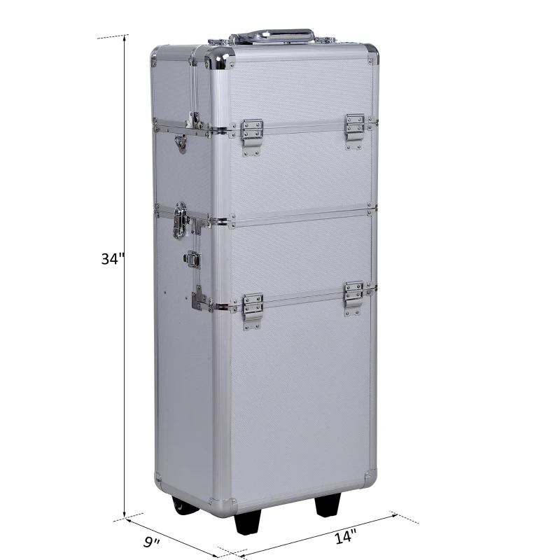 HOMCOM Pro 3 in 1 Portable Aluminum Makeup Cases Rolling Cosmetic Organizer Box, Black (Silver)