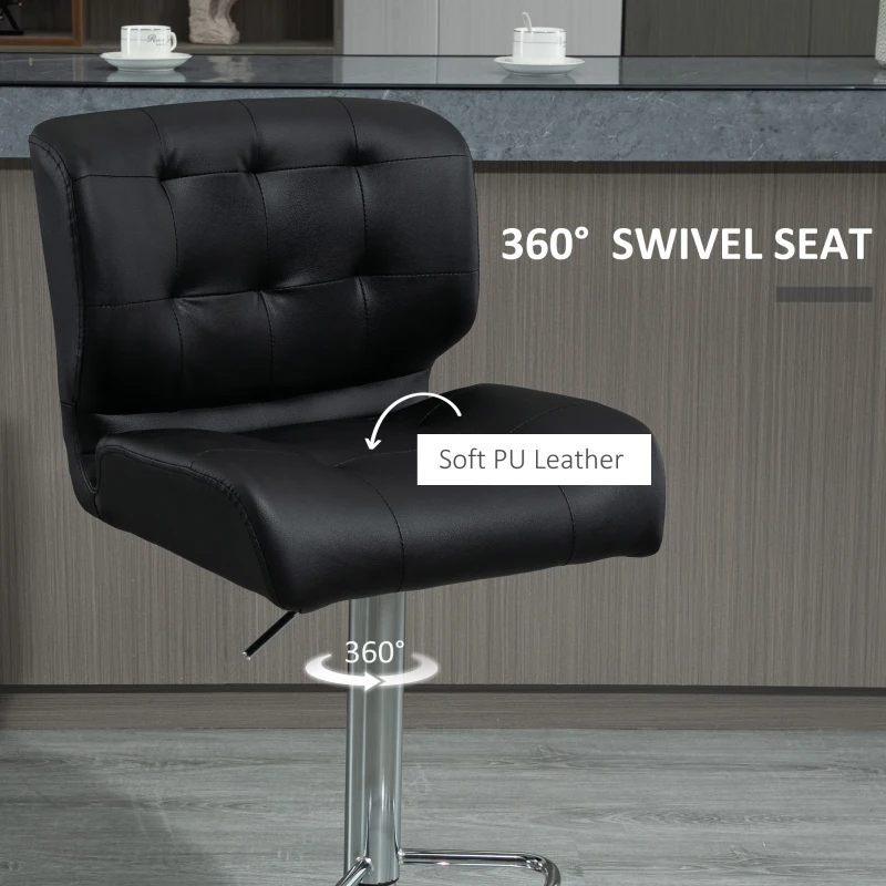 HOMCOM Bar Stools Set of 2, Adjustable Height Barstools, Faux Leather Swivel Bar Chairs with 5.1" Thick Padded, Footrest for Kitchen Counter, Home Bar, Black