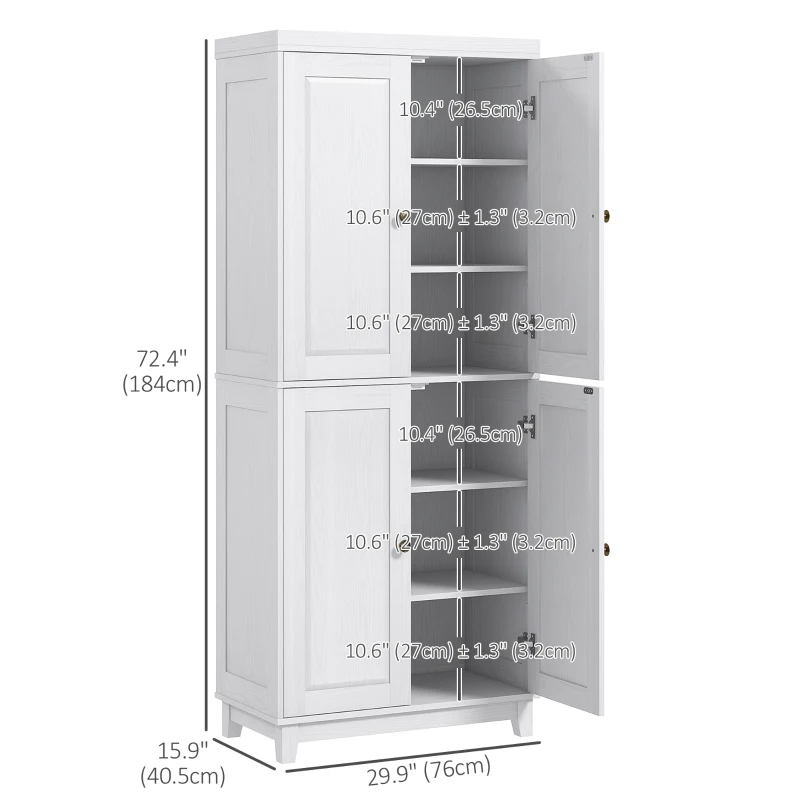 HOMCOM 72.5" Kitchen Cabinet, Pantry Storage Cabinet with 4 Doors and 2 Adjustable Shelves for Dining Room, White