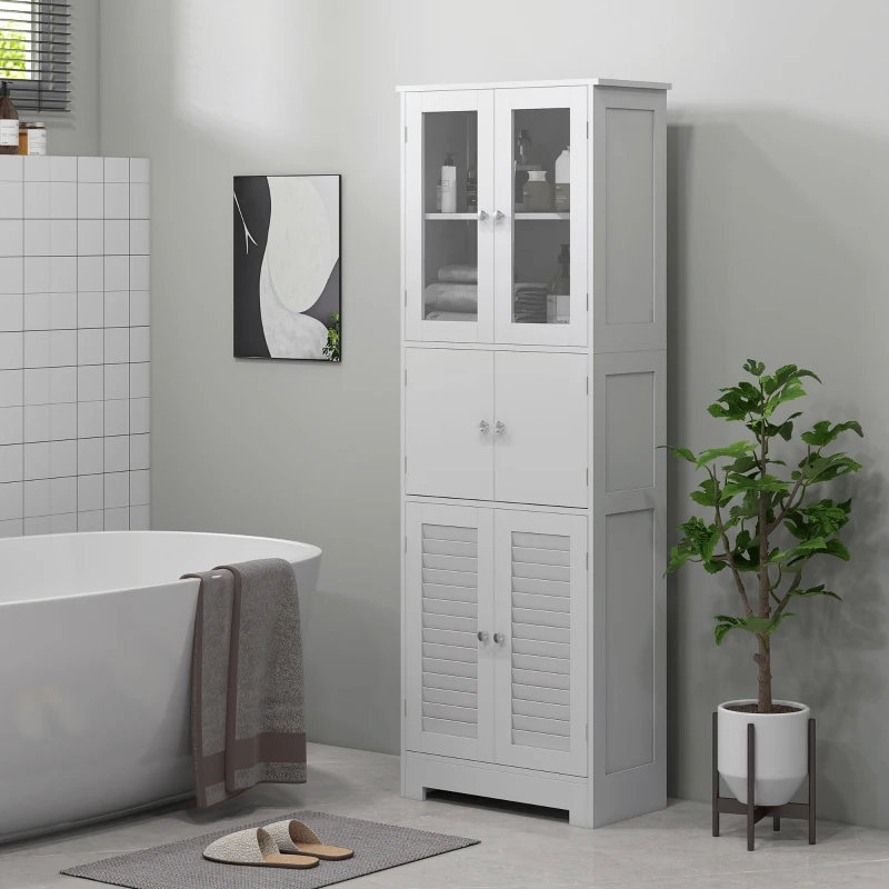 HOMCOM Freestanding Bathroom Cabinet with Glass/Louvred Doors, Tall Bathroom Storage Cabinet with Adjustable Shelf, White