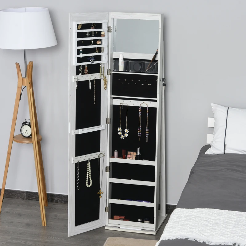 HOMCOM Mirror Jewellery Cabinet Armoire, Lockable Jewellery Organizer with Full-Length Mirror, LED Lights, Standing Jewellery Armoire in White Wood