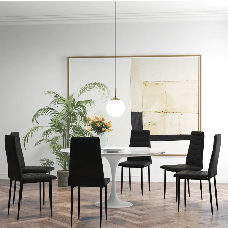 HOMCOM High Back Dining Chairs, Modern Upholstered PU Leather Accent Chairs with Metal Legs for Kitchen, Set of 6, Black