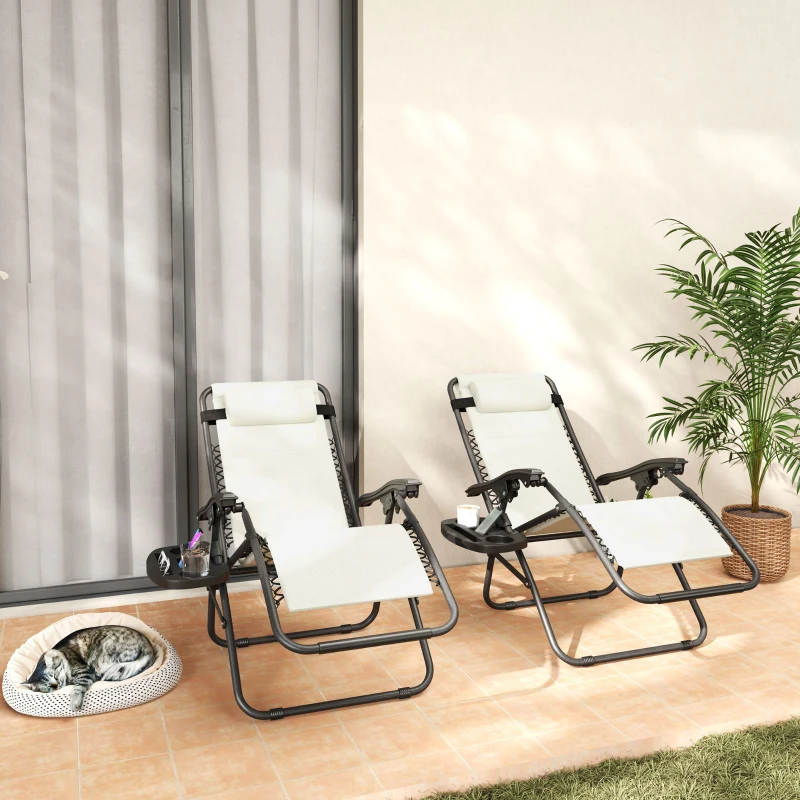 Outsunny Zero Gravity Lounge Chair Set, 2 Pieces Reclining Folding Outdoor Lounge Chairs with Headrest Side Tray, Cream