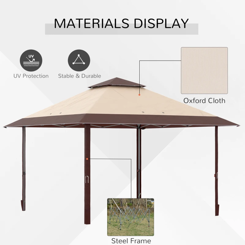 Outsunny 13' x 13' Pop Up Party Tent Outdoor Canopy with Top Vent, 3-Level Adjustable Height, and Roller Bag, Khaki