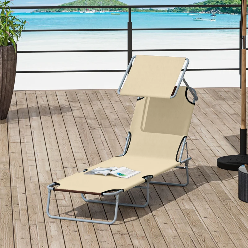 Outsunny Outdoor Lounge Chair with Sun Shade for Beach, Camping, Hiking, Backyard, Beige