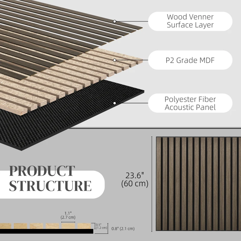 HOMCOM 24"x24" Wood Panels for Wall, 4 Pack Acoustic Panels, Sound Absorbing Slat Wall For Interior Wall Decor, Home, Brown