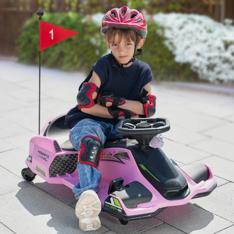 Aosom 12V Electric Drifting Go Kart w/ Slow Start, Music, Lights, Pink(m-2)