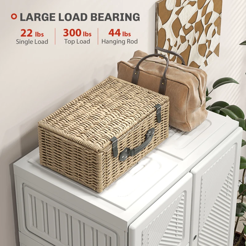 HOMCOM Portable Wardrobe, Foldable Clothes Storage Organzier with 5 Compartments, 1 Hanging Rod, Magnet Doors, White