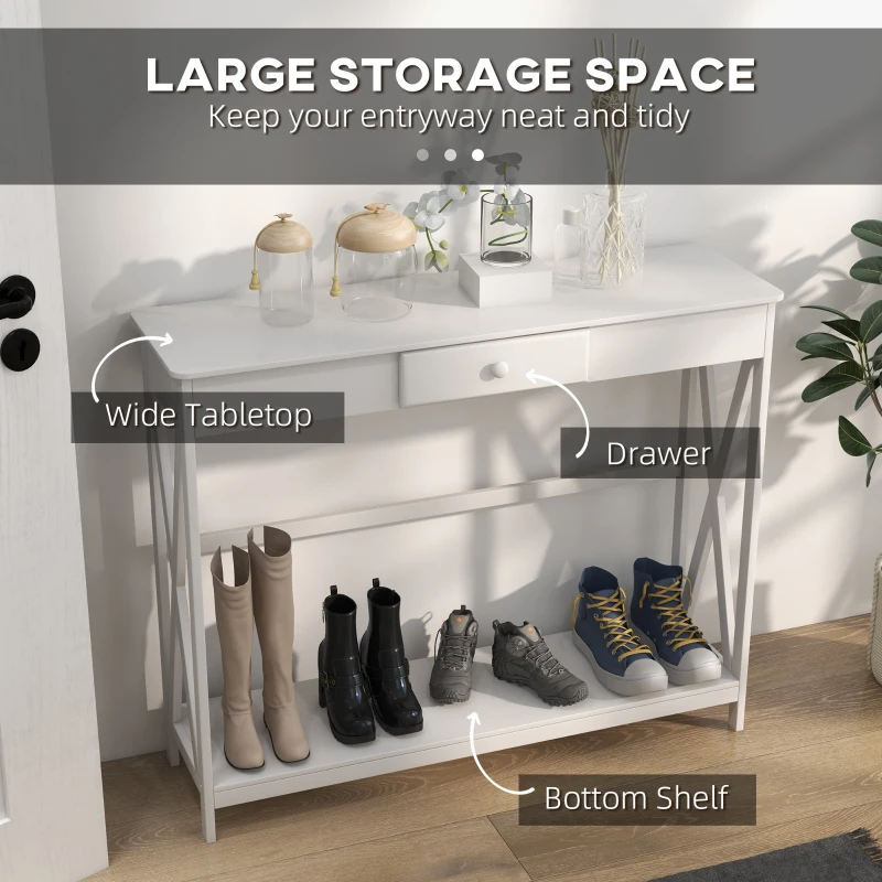 HOMCOM 39" Console Table, 2 Tier X-Design Narrow Entryway Table with Drawer and Storage Shelf for Behind Couch, Living Room, Hallway, White