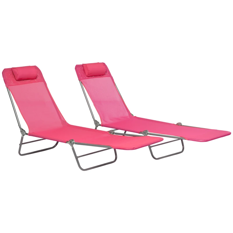 Outsunny 2 Piece Folding Chaise Lounge Chairs, Pool Sun Tanning Chairs with Reclining Back, Breathable Mesh Seat, Headrest for Beach, Yard, Patio, Pink