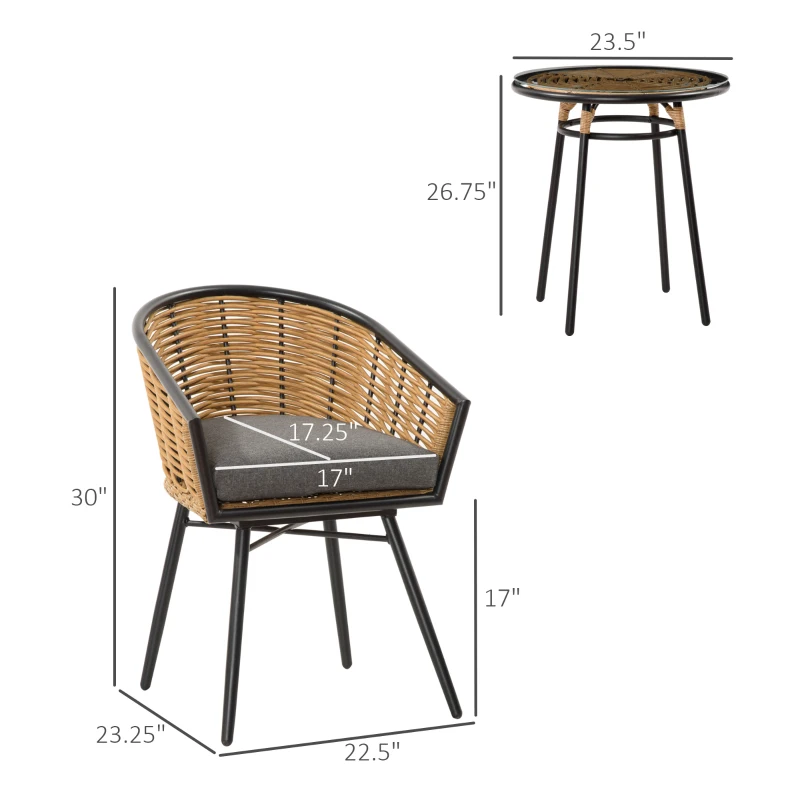 Outsunny 3 Piece Patio Set, Outdoor Bistro Furniture, PE Rattan Wicker Table and Chairs, Cushioned, Barrel Style, Gray