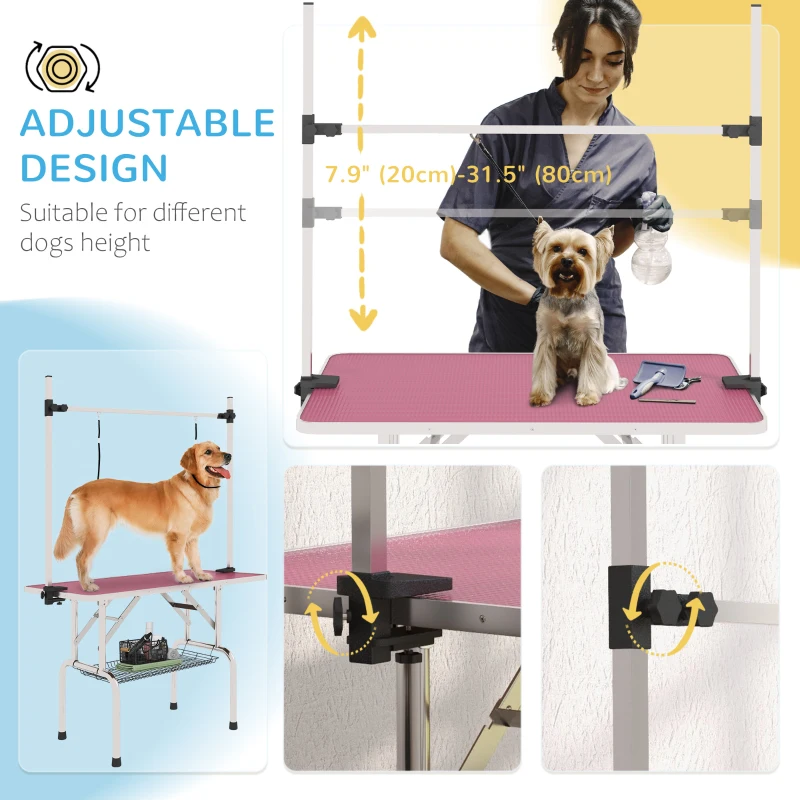 PawHut Adjustable Dog Grooming Table with 2 Safety Slings, Storage Basket, Pink