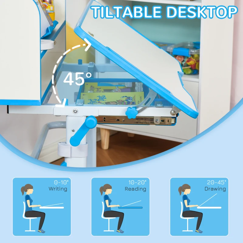 Qaba Kids Desk and Chair Set with Easy Rotation Handle, Height Adjustable Study Table and Chair Set with LED Lamp, Bookshelf, Drawer, Reading Board, Pen Slot, Hook, Blue