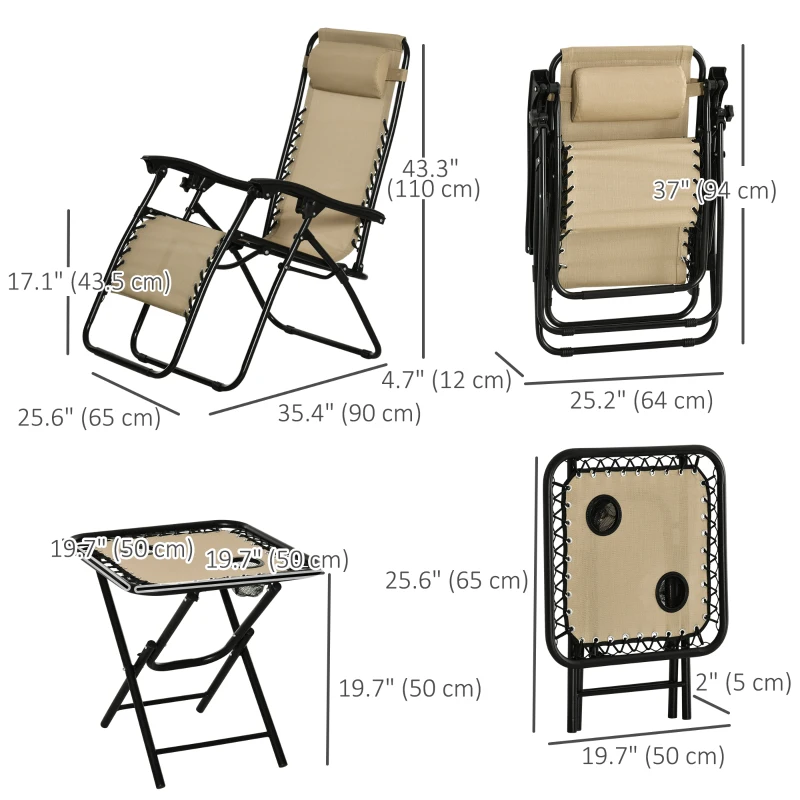 Outsunny Zero Gravity Chair Set of 2 Patio Chair with Side Table Cupholders and Pillows for Pool, Backyard, Lawn, Beige