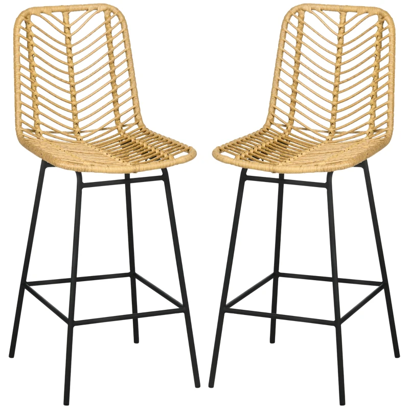 HOMCOM Set of 2 Rattan Barstools Wicker Counter Stools with Steel Legs and Footrest for Dining Room Kitchen Pub Yellow