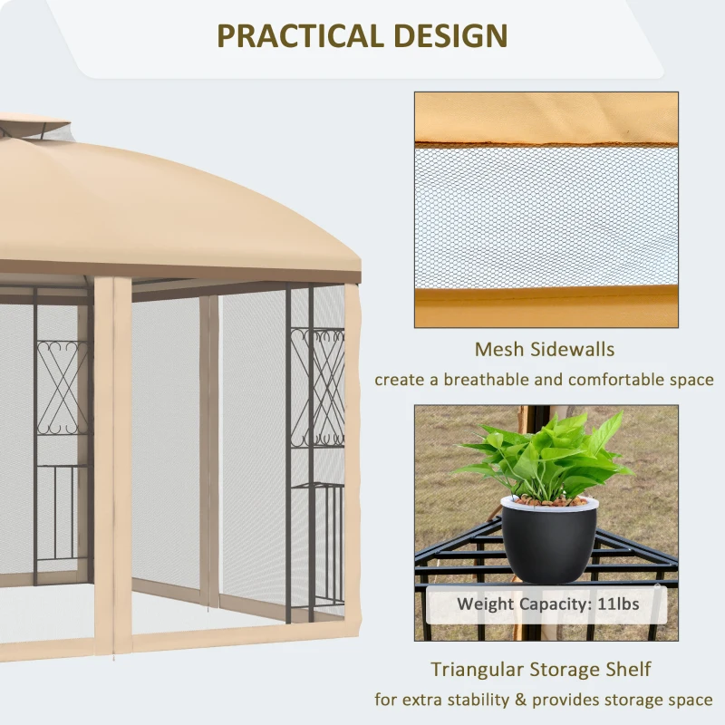 Outsunny 10' x 10' Patio Gazebo with Corner Shelves, Double Roof Outdoor Gazebo Canopy Shelter with Removable Mesh Netting, for Garden, Lawn, Backyard and Deck, Beige