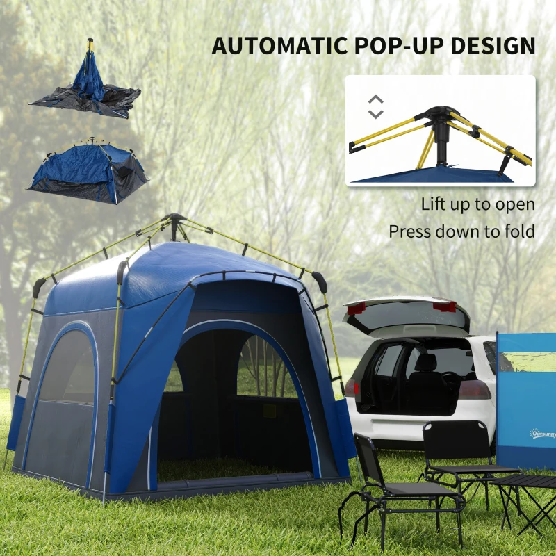 Outsunny 4 Person Pop Up Camping Tent Quick Setup Automatic Hydraulic Family Travel Tent w/ Windows Doors Carry Bag, Blue