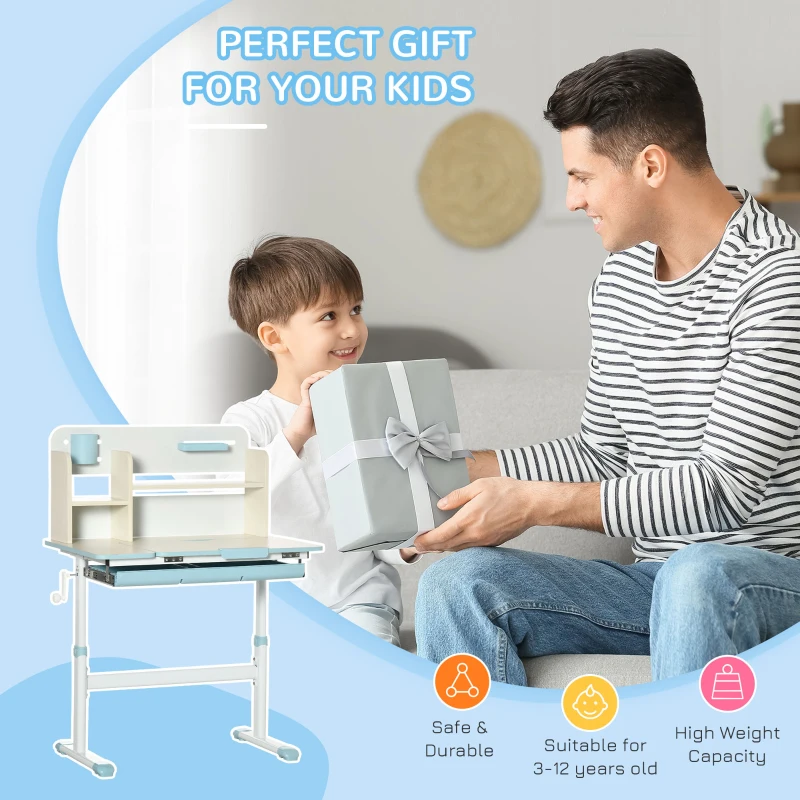 Qaba Wooden Kids Study Desk, Height Adjustable Children School Study Table, Student Writing Desk with Tilt Desktop, Drawer, Storage Shelf, Pen Holder, Blue