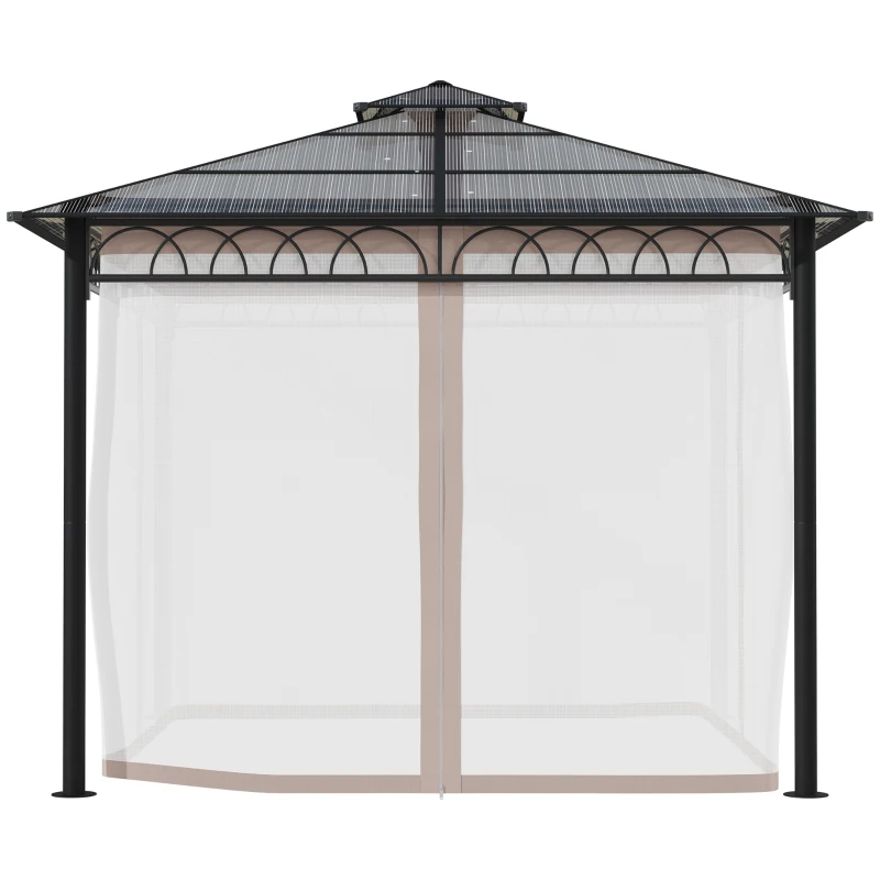 Outsunny 9' x 10' Outdoor Hardtop Gazebo Canopy w/ Double PC Roof, Steel Frame, Nettings, Curtains for Garden Lawn Deck, Khaki