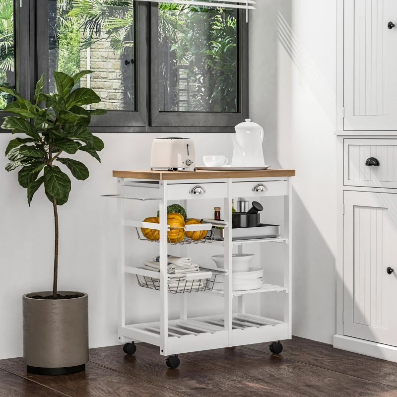 HOMCOM Rolling Kitchen Island Trolley Serving Cart Wheeled Storage Cabinet w/ Basket Shelves and Drawers White