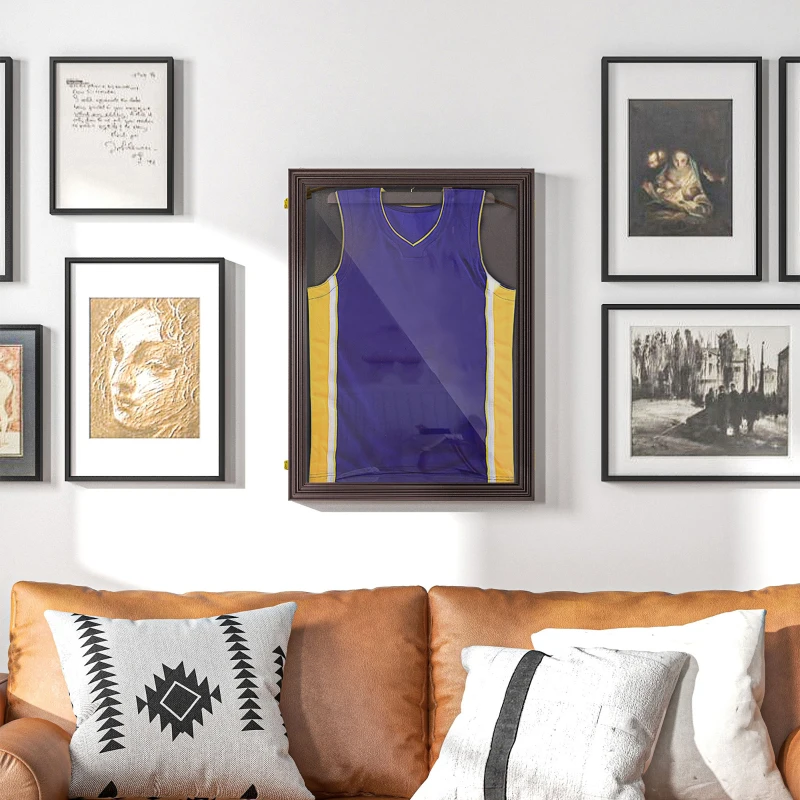 HOMCOM 26" x 35" Shadow Box Frame, UV-Resistant Jersey Display Case with T-shirt Hanger and 2 Keys, Brown