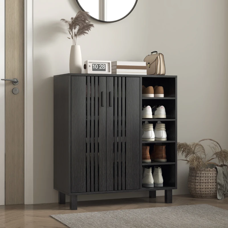 HOMCOM Shoe Storage with Double Doors and Open Shelves 17 Pair Shoe Storage Organizer for Entryway Hallway Black